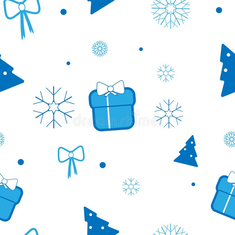 Vector Christmas pattern with Christmas tree, gifts, bows and snowflakes on light background stock illustration Vector Christmas pattern with Christmas tree, gifts, bows and snowflakes on light background stock illustration