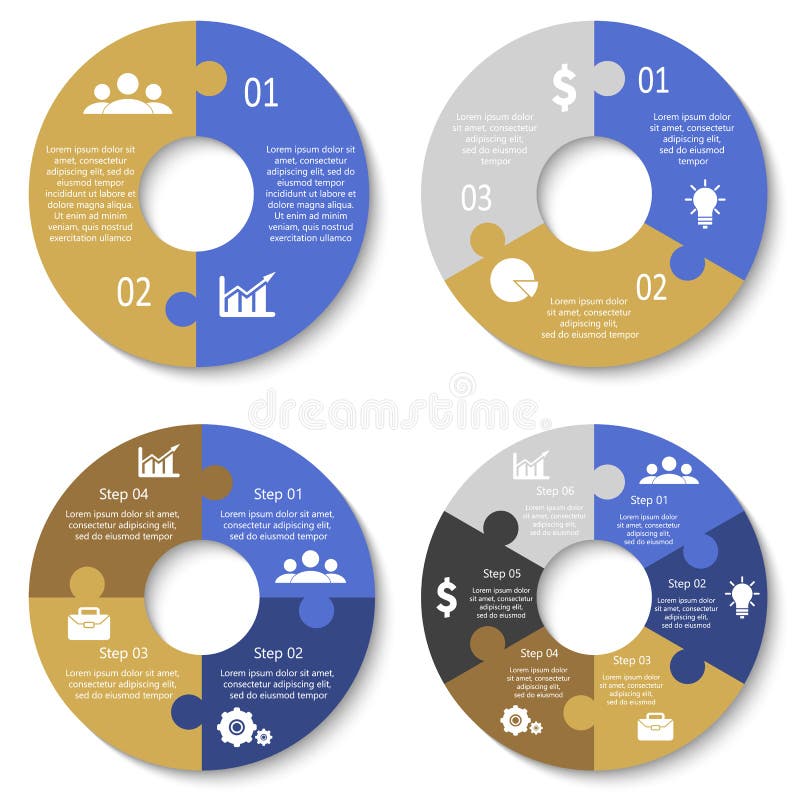 Vector circle puzzle for infographic. Template for cycling diagram, graph and round chart. Business concept with 2, 3, 4, 6 element, parts or steps.