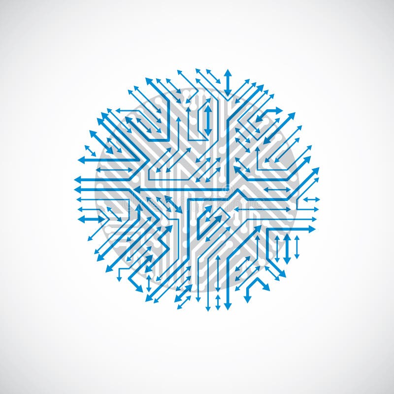 Vector circuit board circle, digital technologies abstraction. Blue computer microprocessor scheme with arrows.