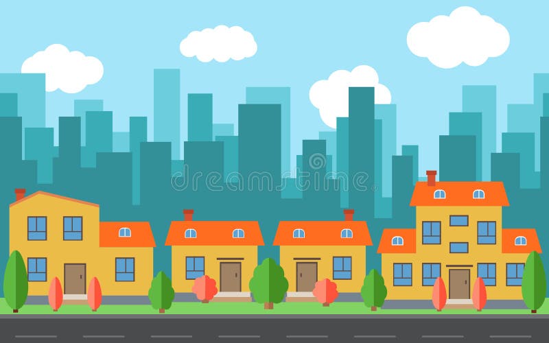 Vector City with Cartoon Houses and Buildings. City Space with Road on Flat  Style Background Concept Stock Vector - Illustration of panorama, abstract:  84767943