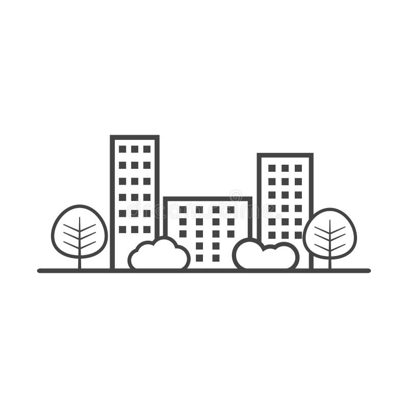 Vector City Illustration in Flat Style. Building, Tree and Shrub Stock ...