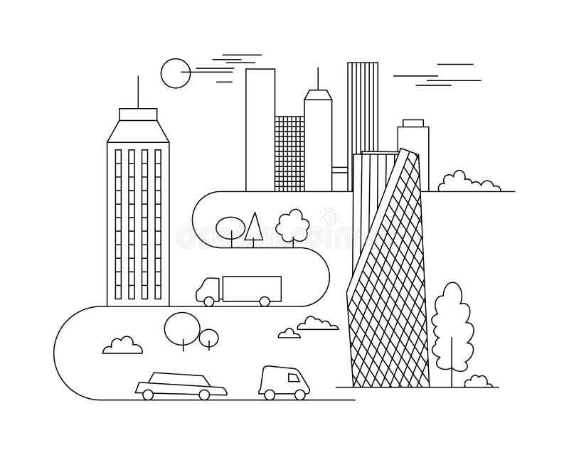 Vector City Illustration in Linear Style - Buildings and Clouds ...