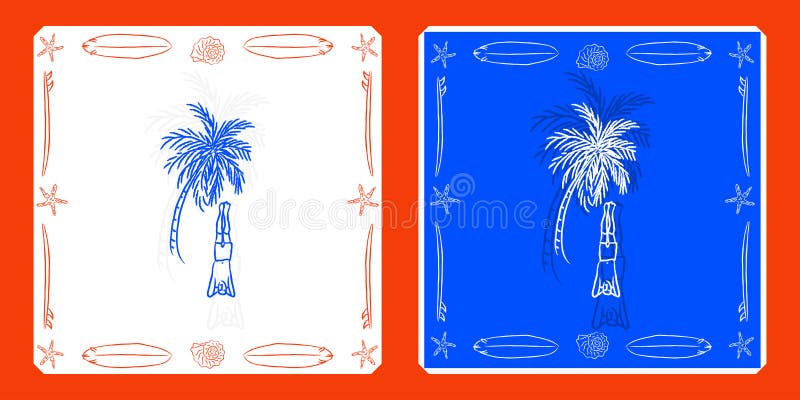 Vector clipart surfer standing on head on beach under palm royalty free illustration