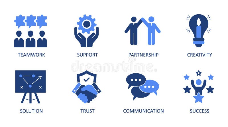 Vector collaboration icons. Set solid blue symbol. Teamwork problem solving trust update. Solution partnership office employee. stock illustration