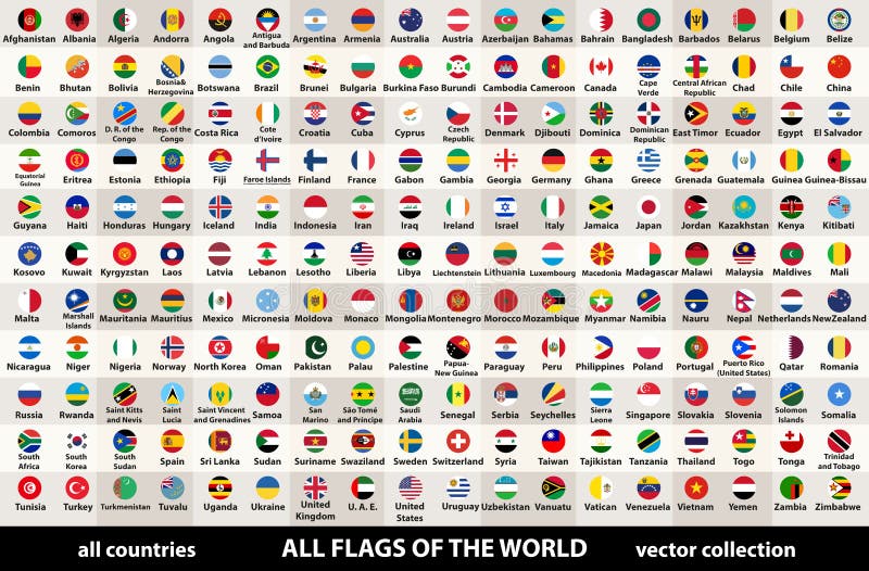 Collection of all flags of the world in circular design, arranged in alphabetical order, with original colors and high detailed emblems