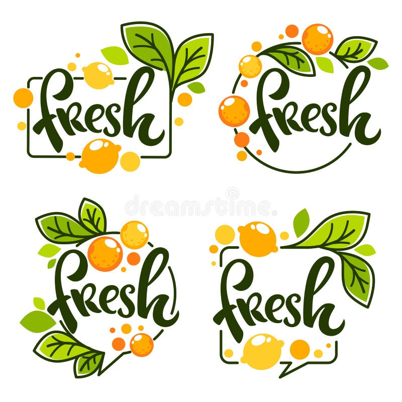 Vector collection of bright stickers, emblems logo and labels for lemon and orange fresh citrus juice with lettering composition. Juice splash logo vectors