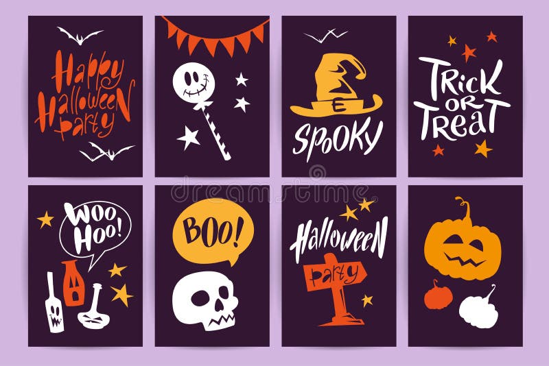 Vector collection of cartoon Halloween celebration cards and flayers with lettering and cute funny animals.