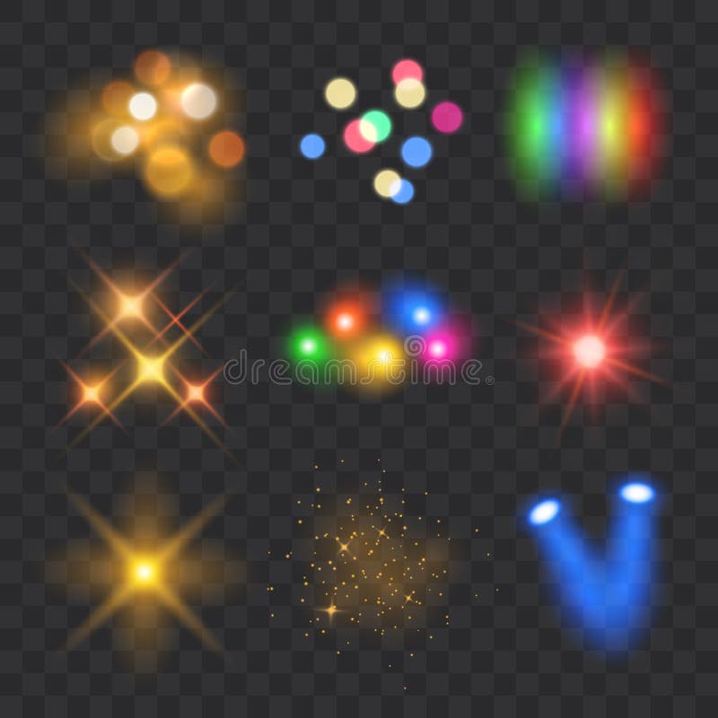Vector collection of colorful light effects isolated on transparent background royalty free illustration