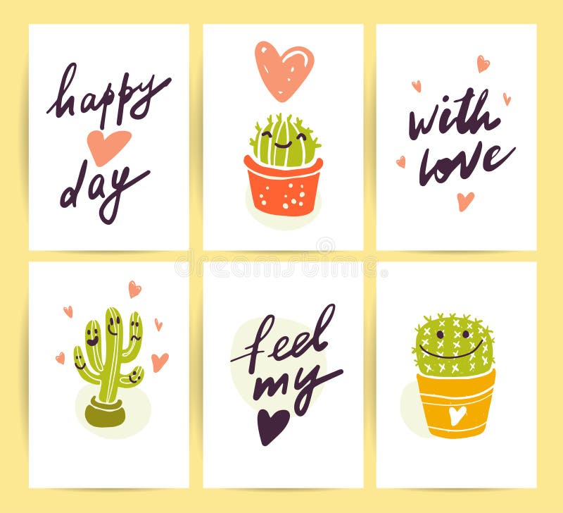 Vector collection of flat cute love cards with funny hand drawn cacti icons and portraits, lettering congratulations and heart sha