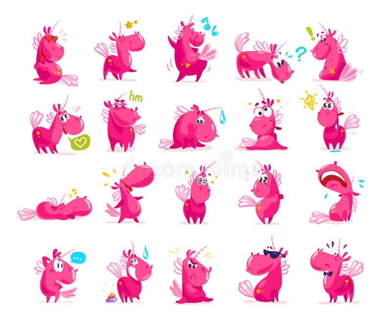 Vector collection of flat funny unicorns isolated on white background. Cartoon style. Set of emoji smile. Facial expressions and emotions. Fairy pink animal horse. Children illustration.