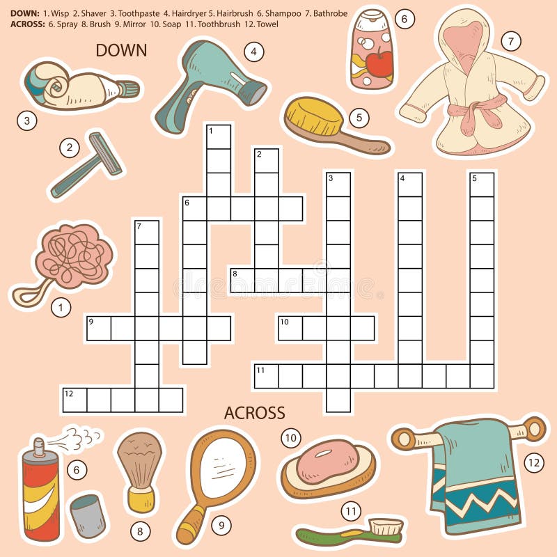Vector Color Crossword, Education Game About Bathroom