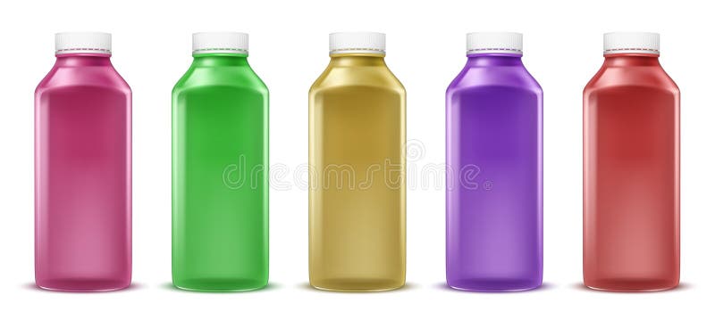 Vector colorful bottles for juice, paint, liquid. Plastic container, glass jar. Isolated on white background.