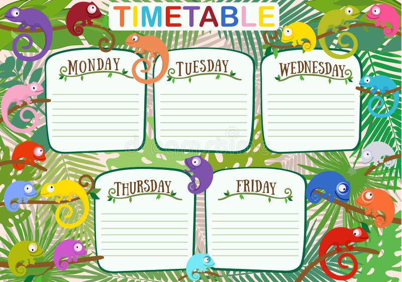 School schedule with cute chameleons. Vector illustration