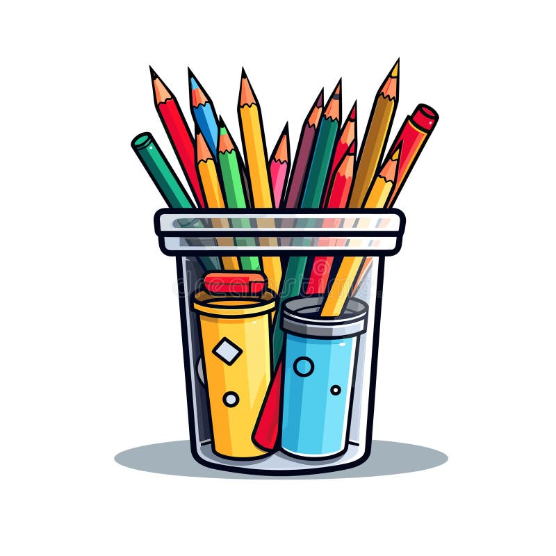 Vector of Colorful Pencils and Markers in a Glass Container Stock