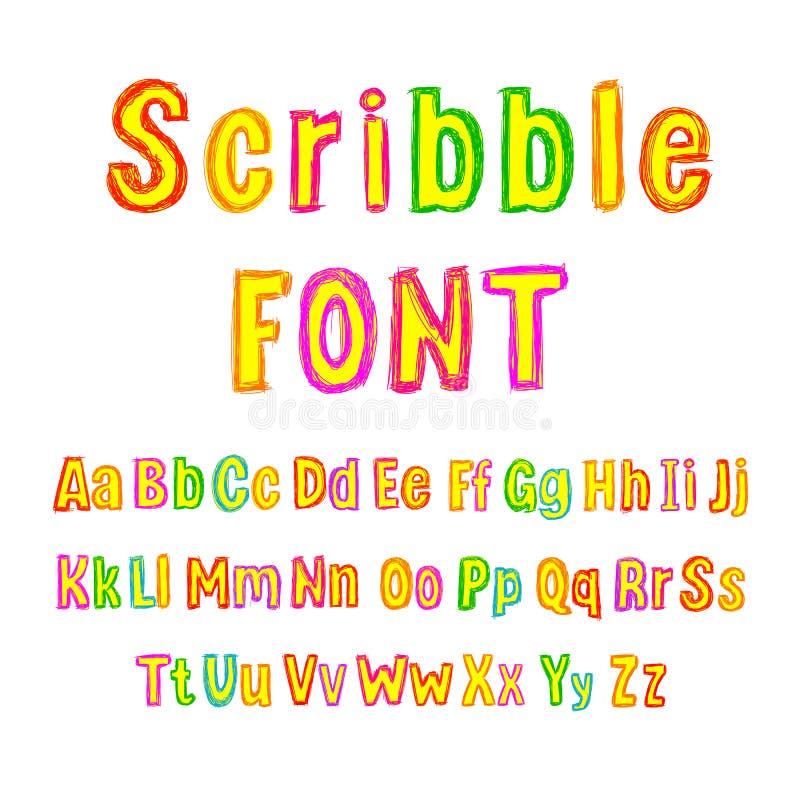 Vector Colorful Scribble Font, Isolated on White Background Type Set, Hand Drawn Alphabet. vector illustration