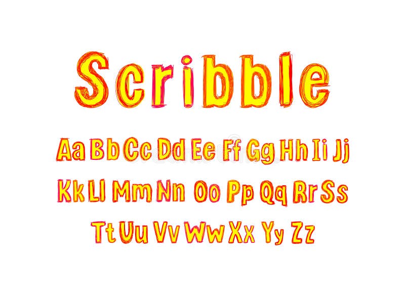 Vector Colorful Scribble Font, Red and Yellow Bright Colored Type Set, Bright Colors, Drawn. vector illustration
