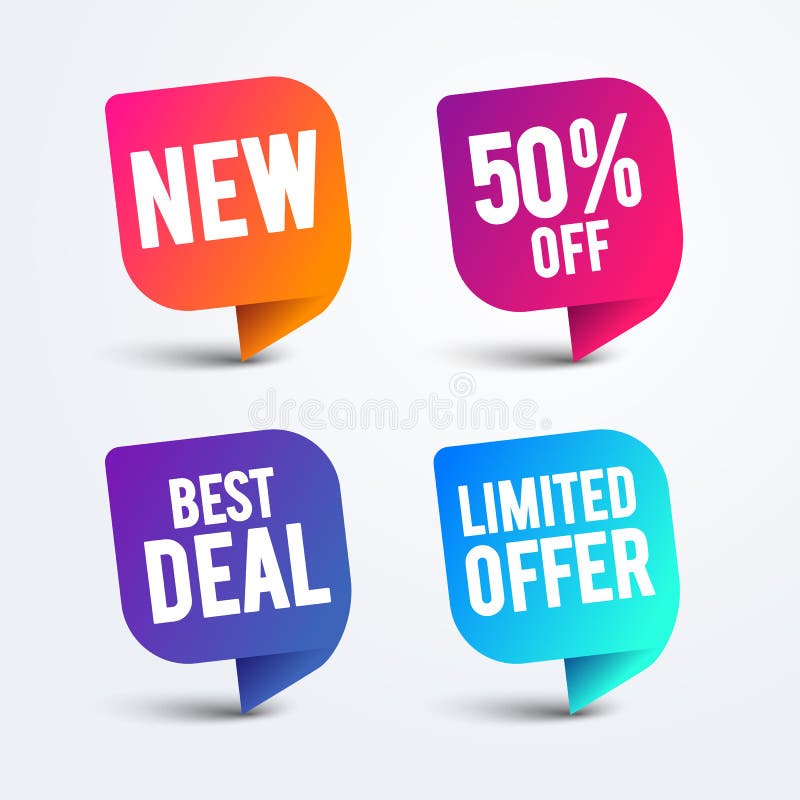 Vector colorful speech bubble set for web and sale. New, best deal, limited offer, 50 percent off reduction icons.