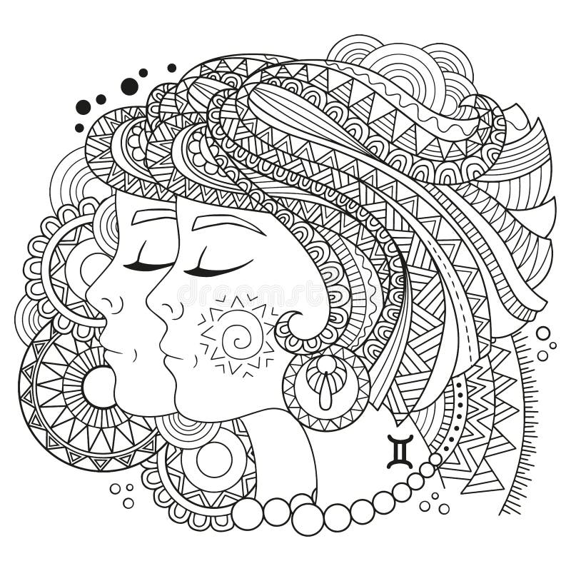 Download Gemini Zodiac Sign. Zentangle Coloring Book Page For Adult Stock Illustration - Illustration of ...