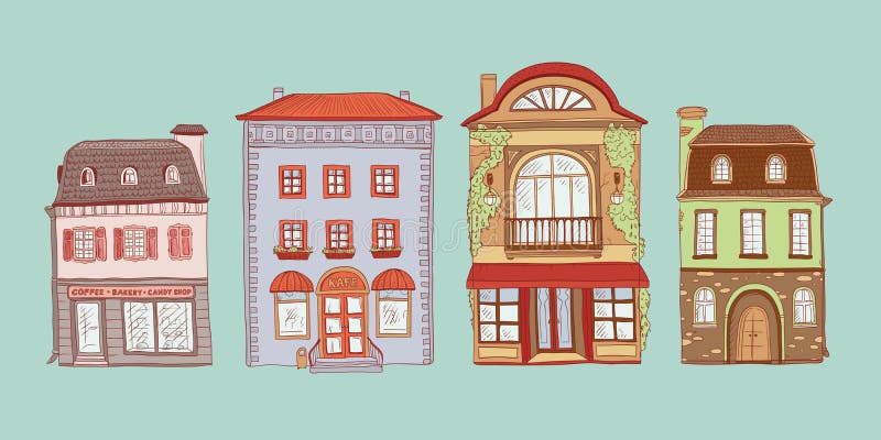 Vector coloured set of contour sketch illustration of vintage European homes. Kit shops and cafes of the old city