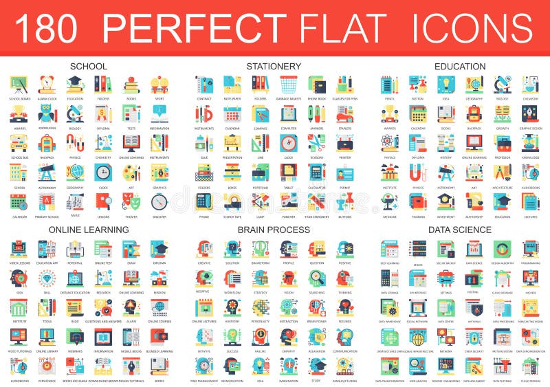 180 vector complex flat icons concept symbols of school, stationery, education, online learning, brain process, data