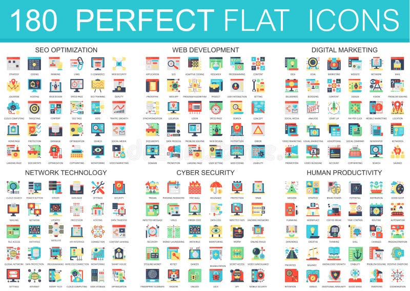 180 vector complex flat icons concept symbols of seo optimization, web development, digital marketing, network royalty free illustration