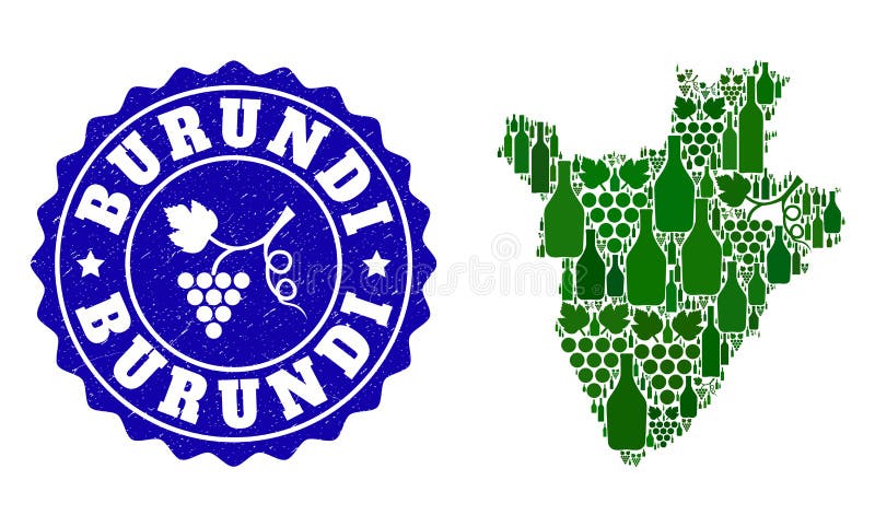 Composition of Grape Wine Map of Burundi and Grape Grunge Stamp vector illustration Composition of Grape Wine Map of Burundi and Grape Grunge Stamp vector illustration