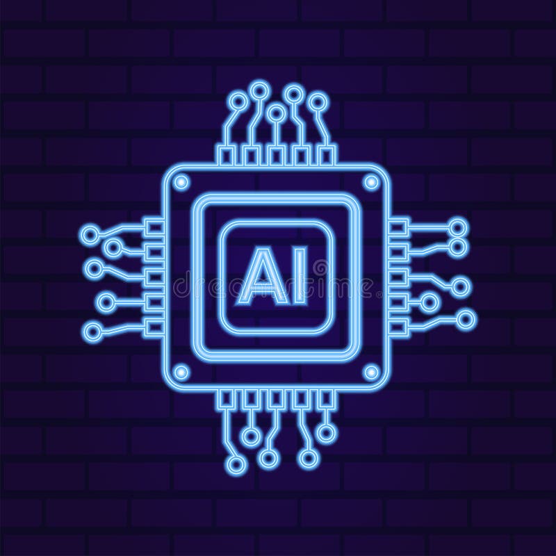 Vector computer electronic chip neon glowing outline AI icon. Line microchip processor artificial intelligence, cpu, iot vector illustration