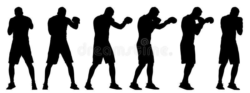 Vector concept or conceptual black silhouette of a male boxer training from different perspectives isolated on white background. A stock illustration