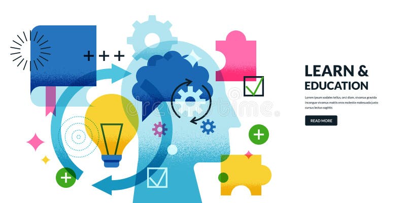 Vector concept with human head book brain lamp for education and learning intelligence creative thinking flat illustration vector illustratie