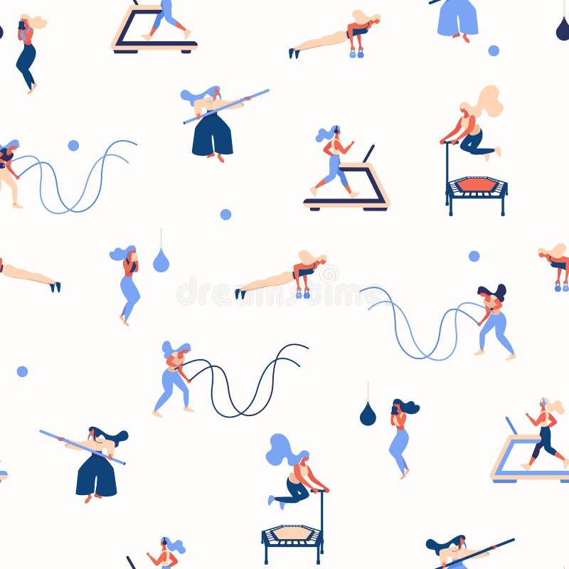 Vector concept seamless pattern with young women doing sport exercises, drawn with bright blue and orange colors is contemporary royalty free illustration