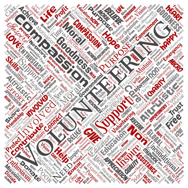 Vector volunteering, charity, humanitarian square red word cloud isolated background. Collage of selfless, support, vector illustration Vector volunteering, charity, humanitarian square red word cloud isolated background. Collage of selfless, support, vector illustration