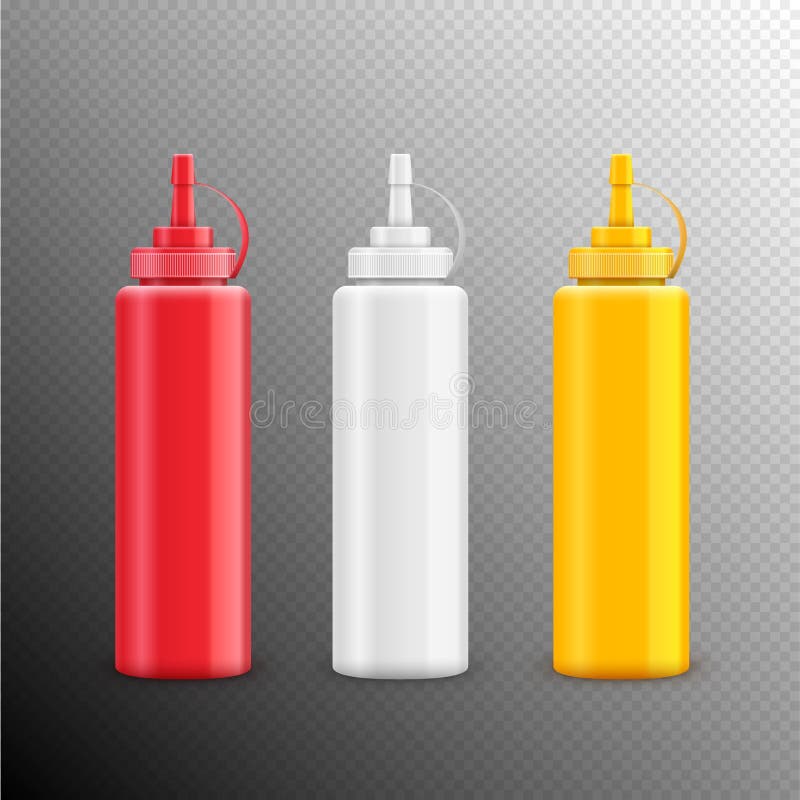 Vector condiment ketchup mayonnaise mustard isolated. Food taste ingredient. Bottle or container red, white and yellow stock illustration