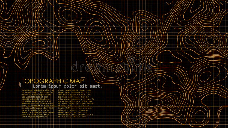 Vector contour topographic map. Orange lines on black background