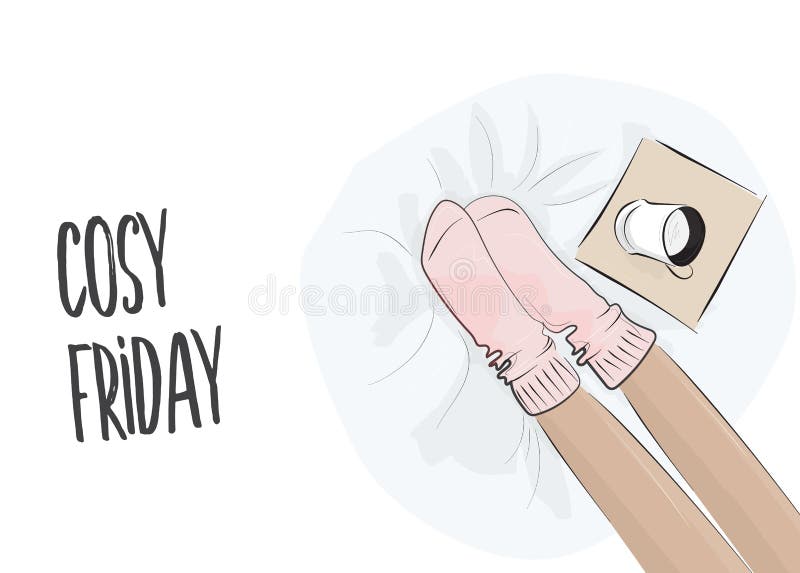 Vector cosy winter illustration. Pink High knee socks. Sweet home relaxing on bed with coffee. Cozy fashion illustration vector illustration Vector cosy winter illustration. Pink High knee socks. Sweet home relaxing on bed with coffee. Cozy fashion illustration vector illustration