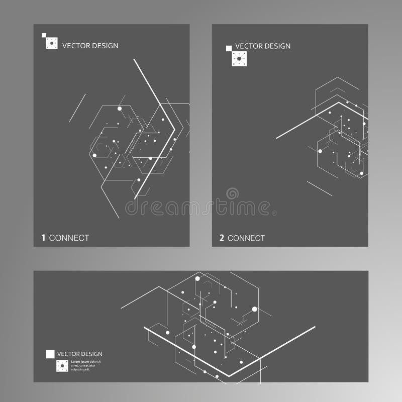 Vector cover template design. White background with abstract hexagon pattern. Atom technology design. Decoration connection cover.