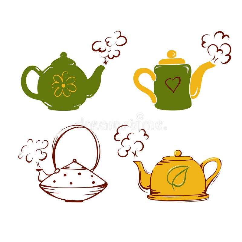 Vector cozy set of teapots. Hugge. Isolated background vector illustration
