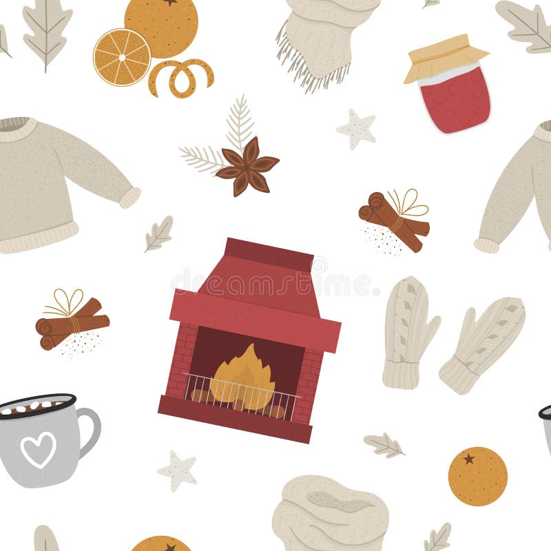 Vector cozy winter seamless pattern with chimney and fire. Warming objects background. Items for cold season. Texture with food vector illustration