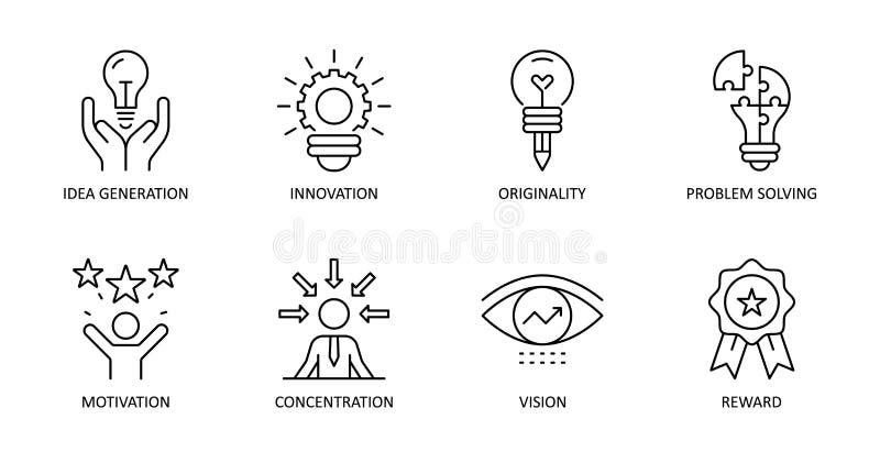 Vector creativity icons. Editable Stroke. Idea generation, concentration, problem solving, motivation, reward, vision, originality vector illustration