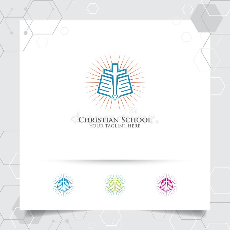 Vector cristiano del diseño del logotipo de la escuela con el concepto de libro, de pluma y de ejemplo cruzado del icono libre illustration Vector cristiano del diseño del logotipo de la escuela con el concepto de libro, de pluma y de ejemplo cruzado del icono libre illustration