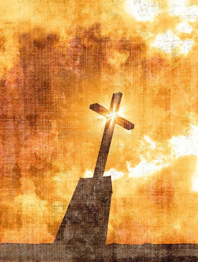 Photo based image of a religious cross with starlight effect silhouetted on a grunge background in brown and orange tones. Vector also. Photo based image of a religious cross with starlight effect silhouetted on a grunge background in brown and orange tones. Vector also.