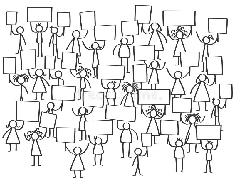 Vector crowd of protesting stick figures, men and women holding up blank boards vector illustration Vector crowd of protesting stick figures, men and women holding up blank boards vector illustration
