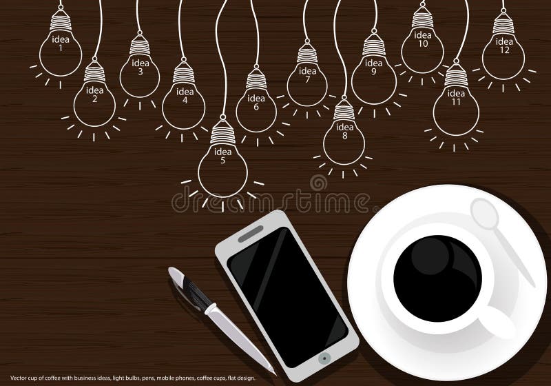 Vector cup of coffee with business ideas, light bulbs, pens, mobile phones, coffee cups, flat design. vector illustration Vector cup of coffee with business ideas, light bulbs, pens, mobile phones, coffee cups, flat design. vector illustration