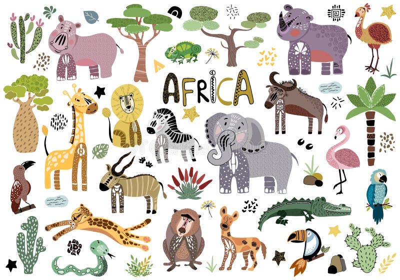 Vector Cute African Animals Stock Vector - Illustration of assorted,  colorful: 134788194