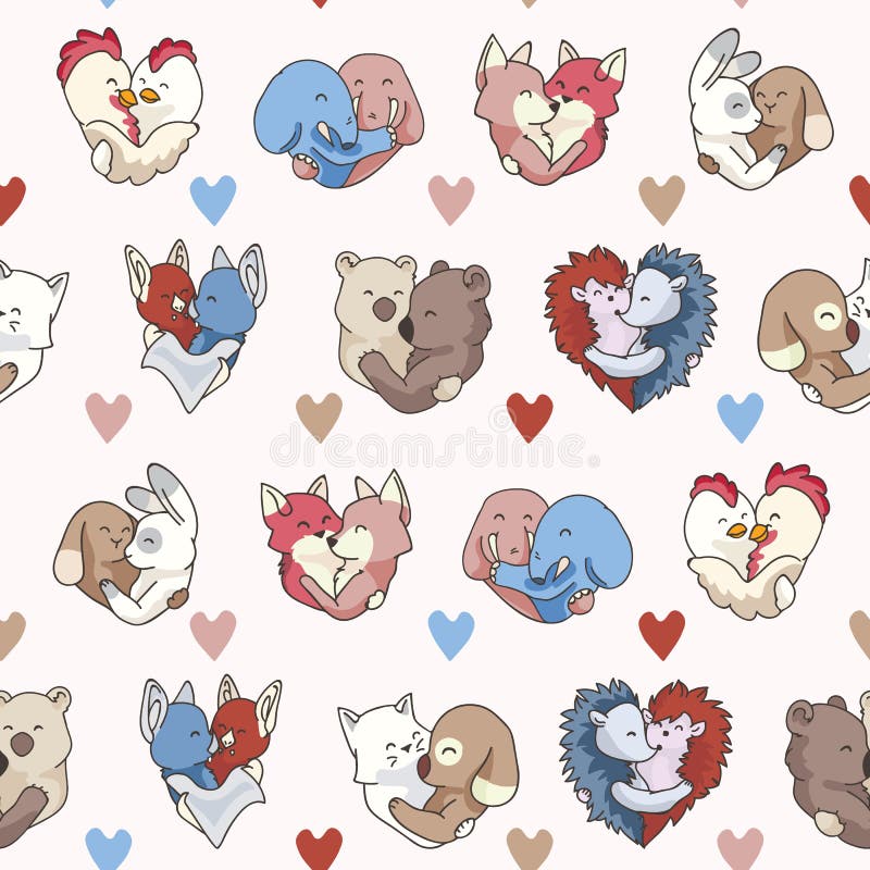 Vector cute animal hug hearts. Seamless repeat pattern.