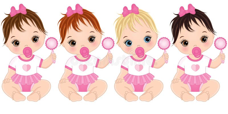 Vector Cute Baby Girls with Rattles and Various Hair Colors vector illustration