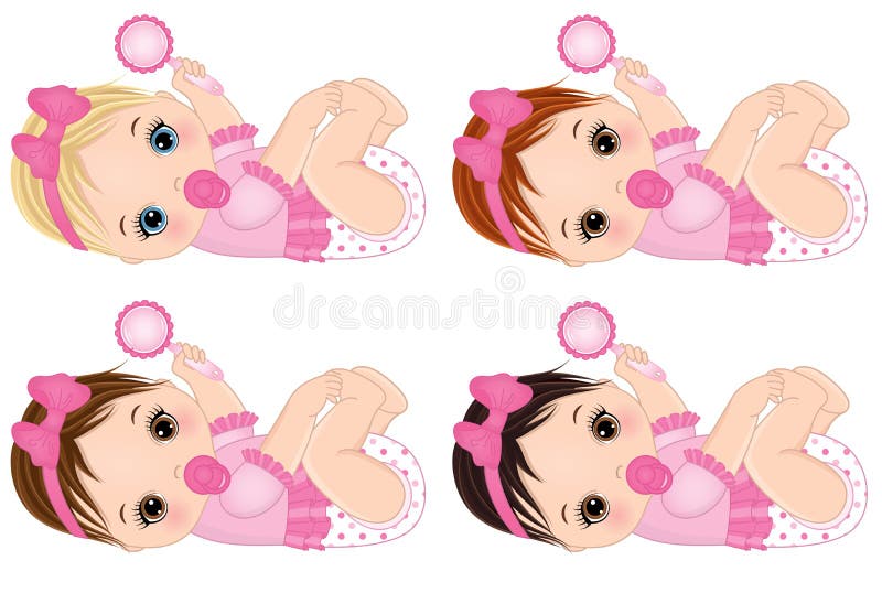 Vector Cute Baby Girls with Rattles and Various Hair Colors royalty free illustration