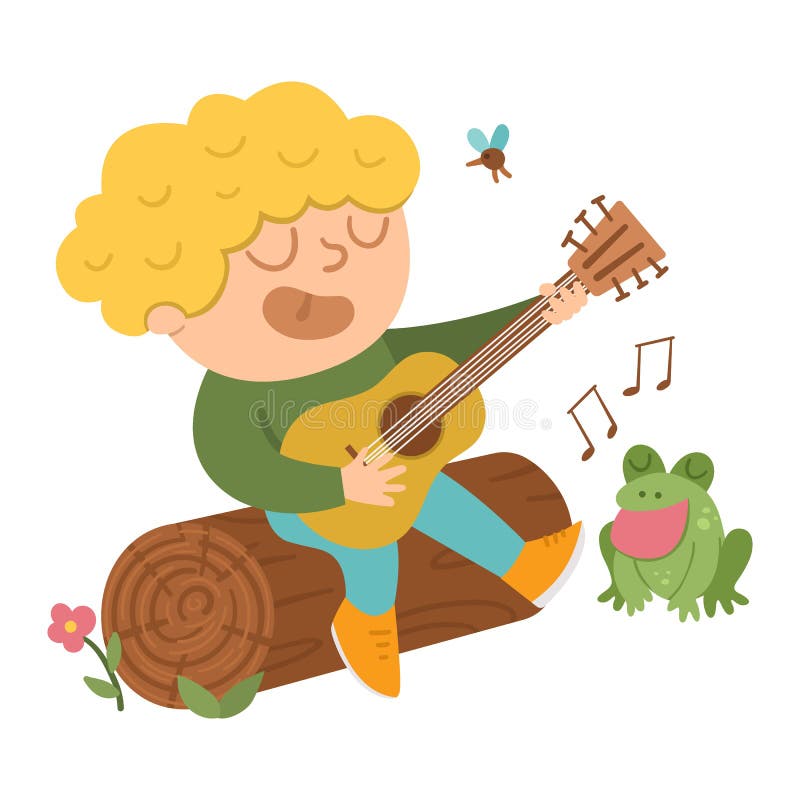 Vector cute boy playing the guitar and singing sitting on a log. Campfire activity scene with cute kid and frog. Traveler isolated