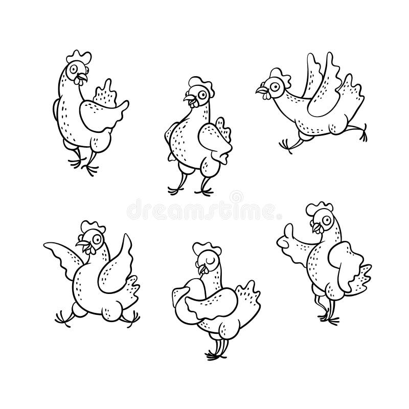 Vector Cute Chicken Characters Black White Set Stock Vector - Illustration  of icon, design: 134443310