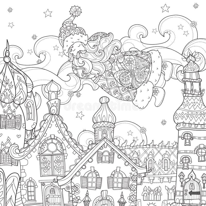 Christmas city coloring page. Christmas Fair on Town Square, street markets  and cute animals. Coloring book for children and adults Stock Vector