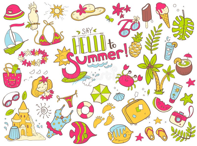 Vector cute doodle collection of summer. The sea, the ocean, the